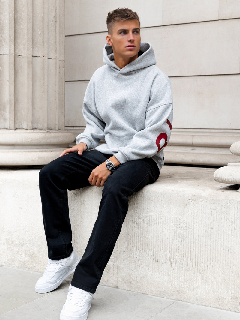 Idris Oversized Hoodie - Marl Grey & Red