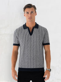 Conrad Knitted Stripe Polo Shirt - Navy