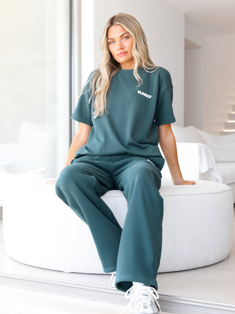 Cloud Print Wide Leg Sweatpants - Teal Green