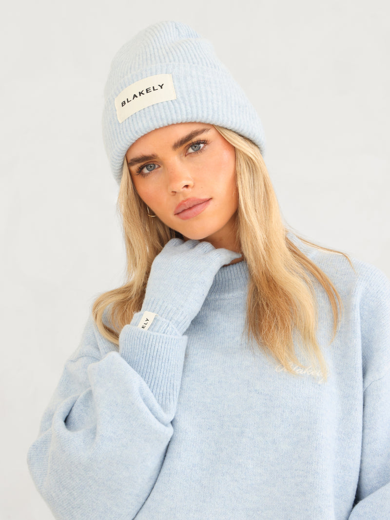 Label Knitted Gloves - Baby Blue