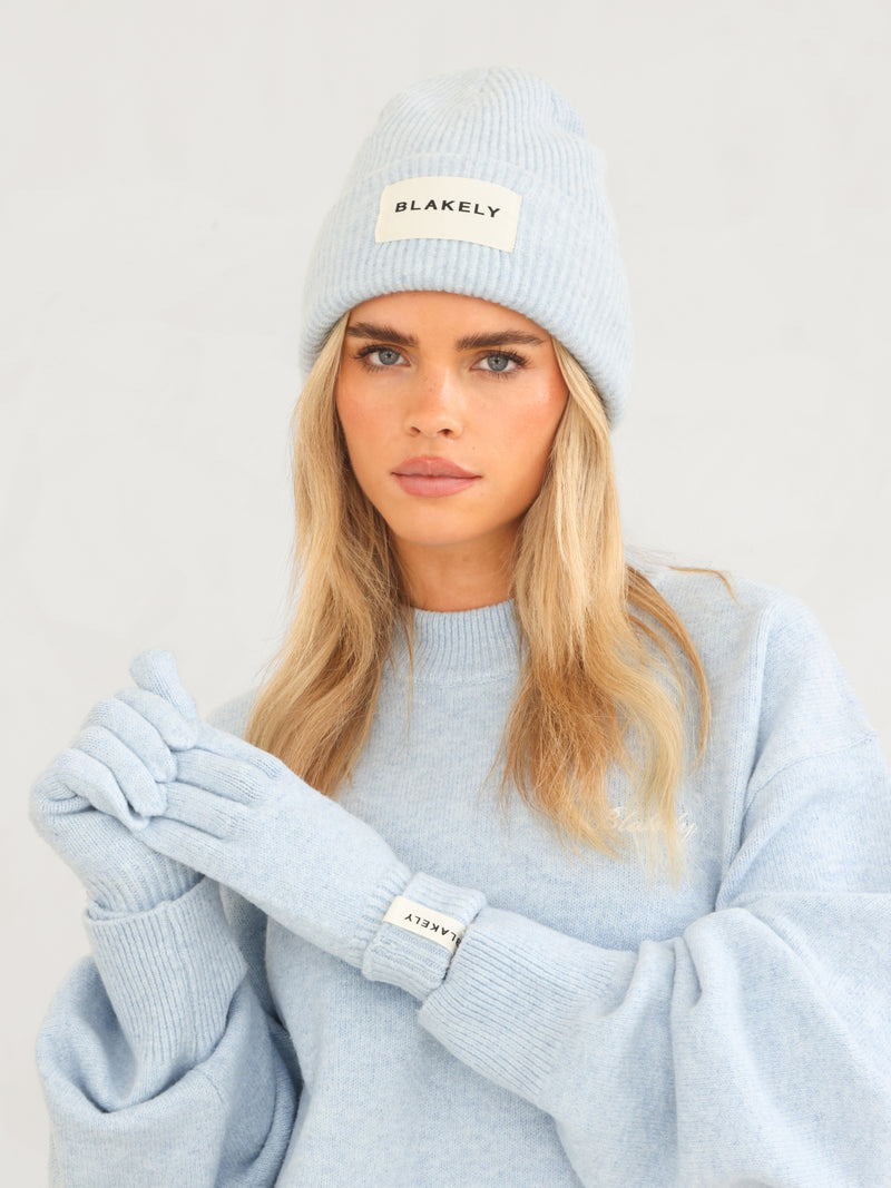 Label Knitted Gloves - Baby Blue
