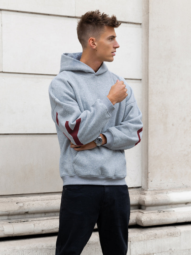 Idris Oversized Hoodie - Marl Grey & Maroon Red