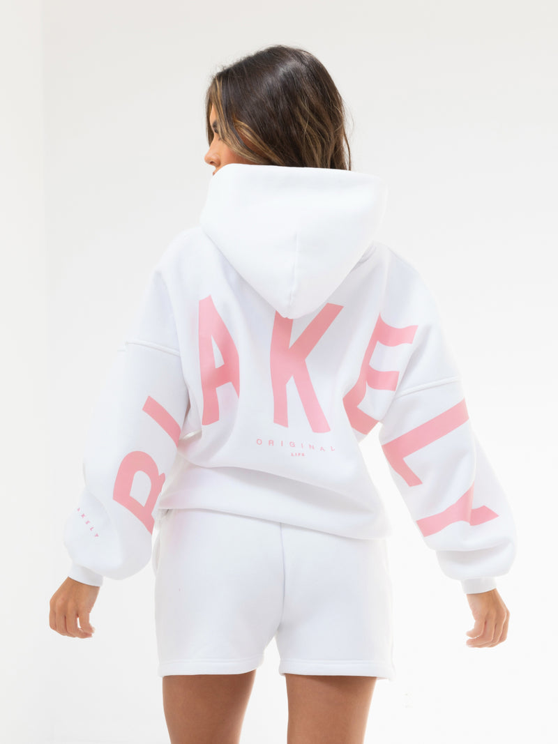 Isabel Hoodie & Jogger Shorts Set - White & Hot Pink