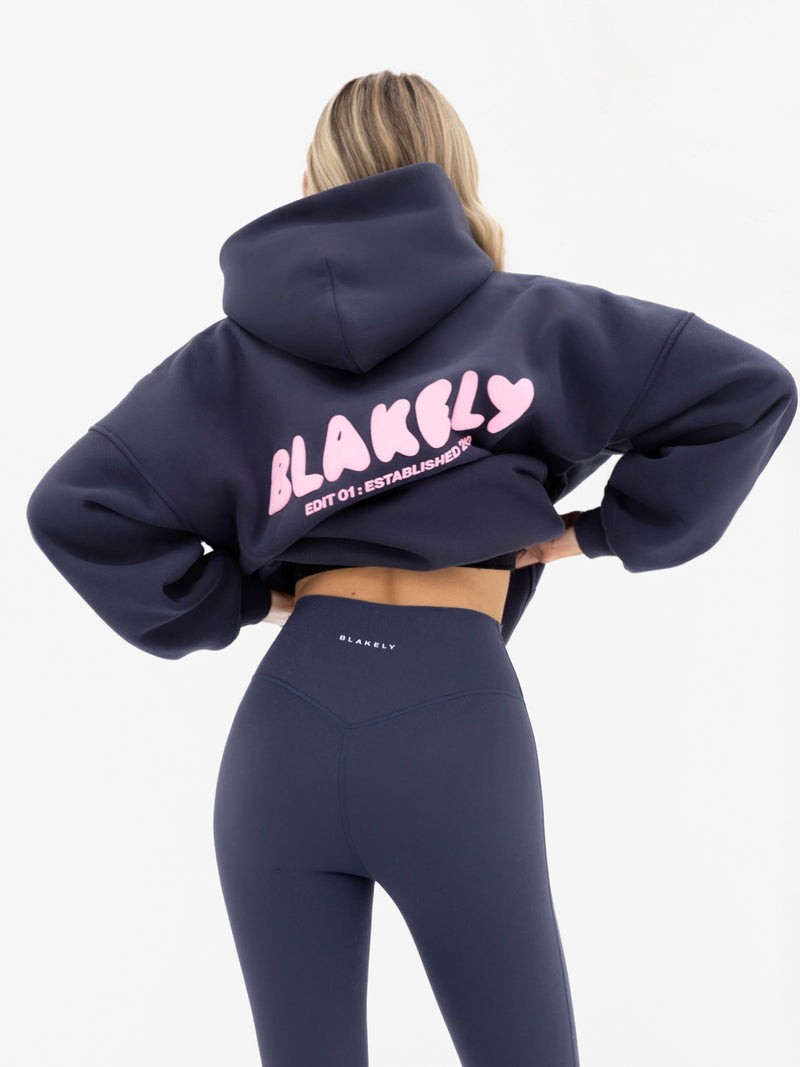 Cloud Print Oversized Hoodie - True Navy & Powder Pink