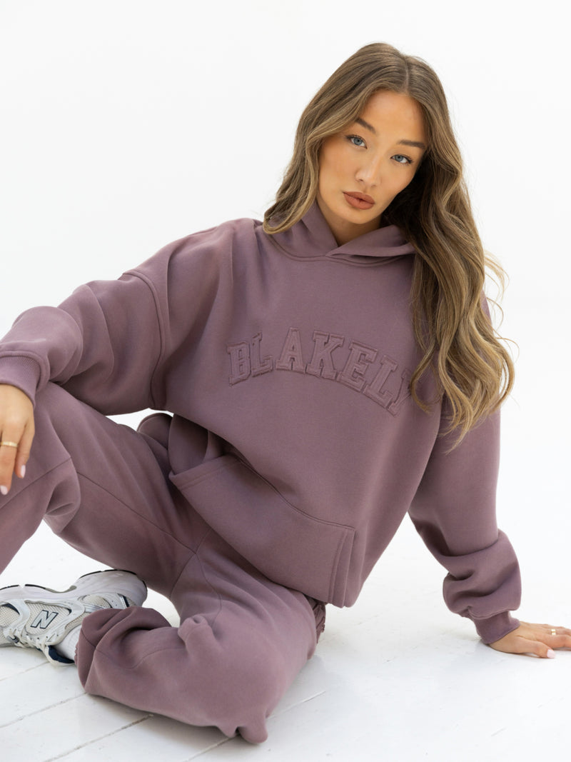 Tonal Varsity Oversized Hoodie & Sweatpants Set - Soft Mauve
