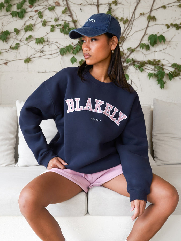 Varsity Oversized Jumper - True Navy & Vintage Pink