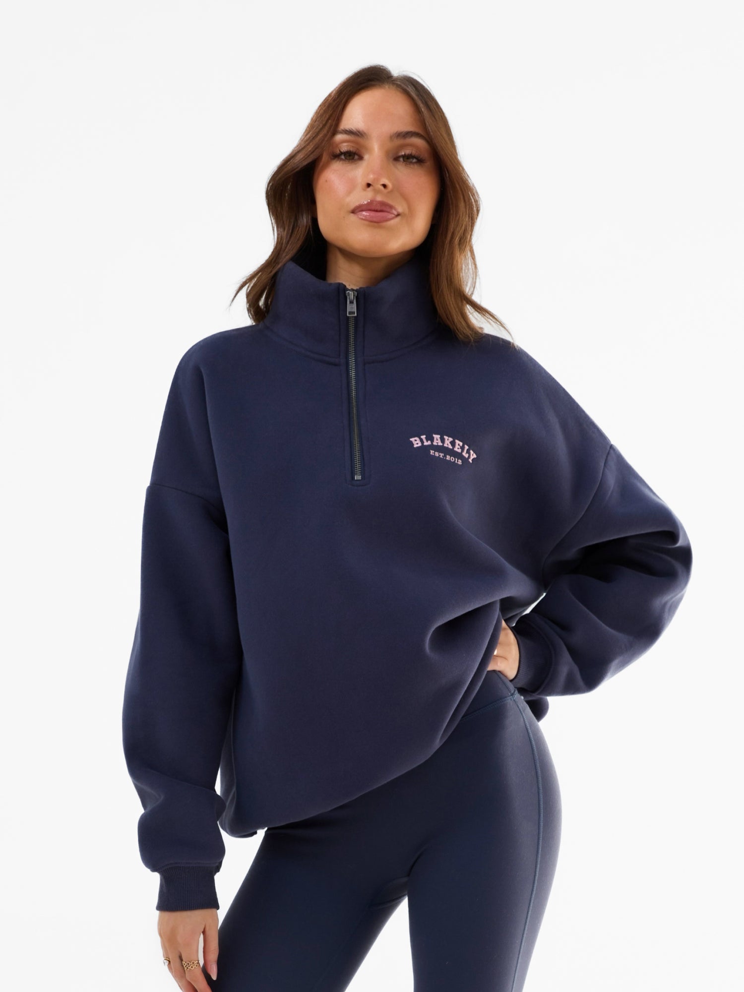Buy Blakely True Navy & Vintage Pink Heritage 1/4 Zip Jumper Buy Blakely True Navy & Vintage Pink Heritage 1/4 Zip Jumper