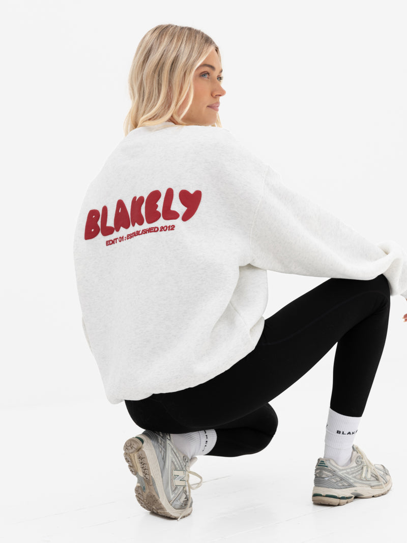 Cloud Print Oversized Jumper - Marl White & Cherry Red