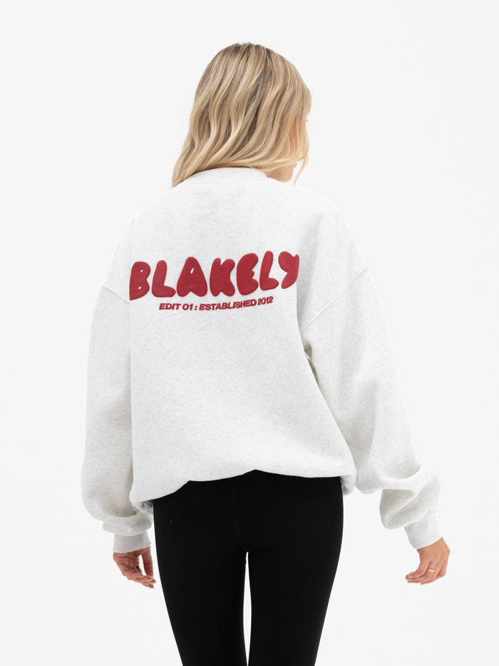 Cloud Print Oversized Jumper - Marl White & Cherry Red