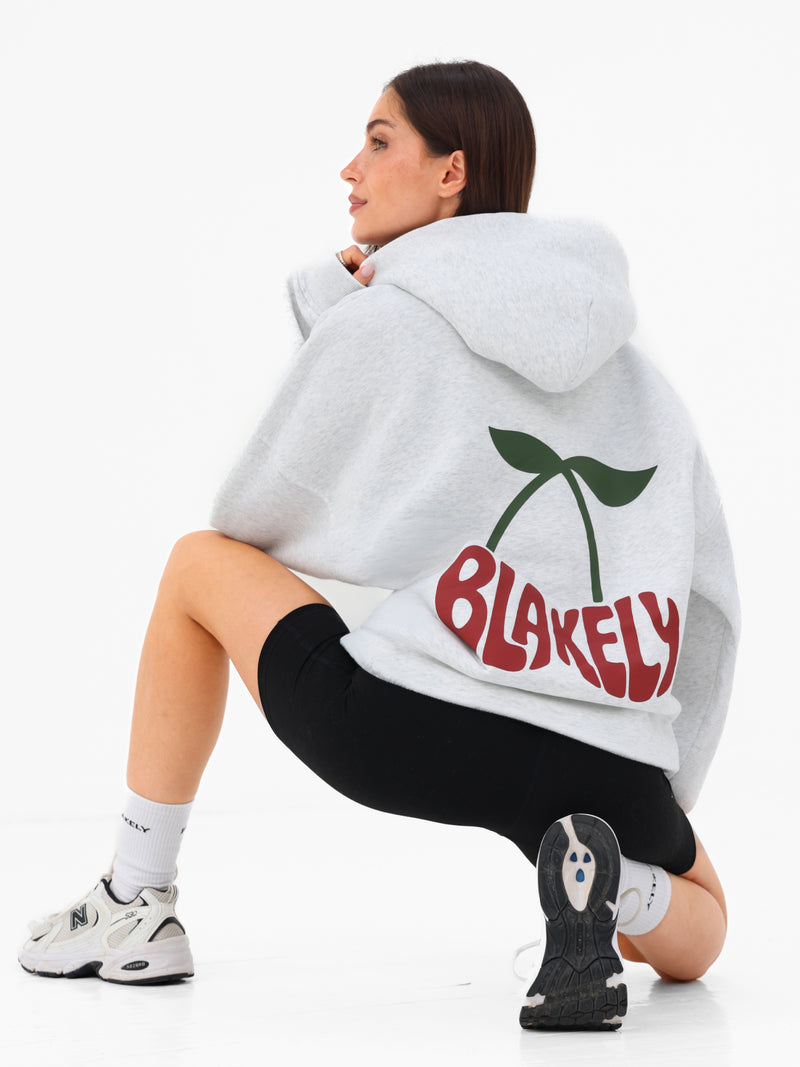 Cherry Bubble Print Oversized Hoodie - Marl Grey