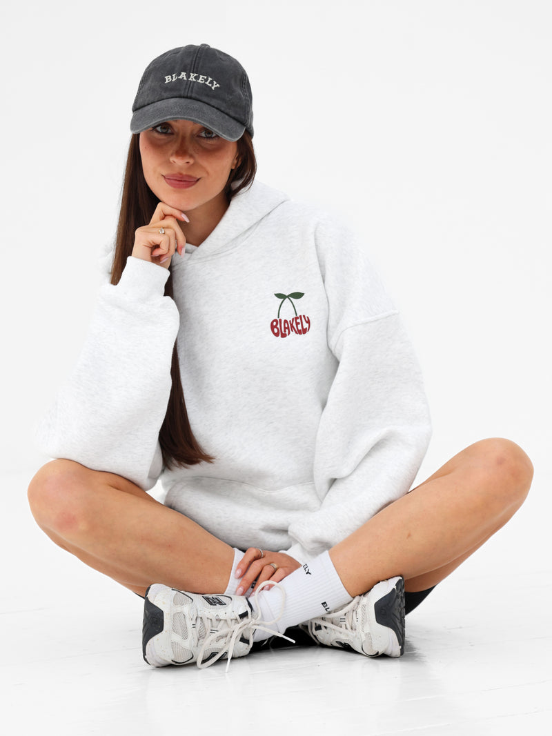 Cherry Bubble Print Oversized Hoodie - Marl White