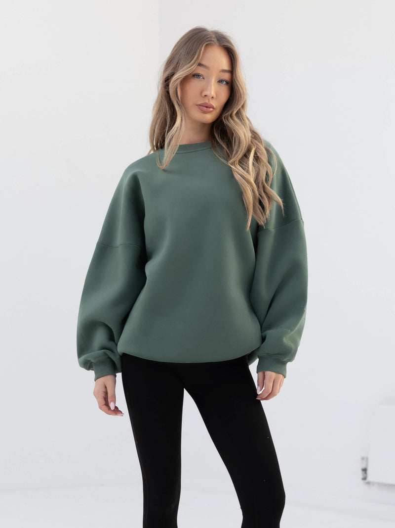 Embroidered Isabel Oversized Jumper - Moss Green