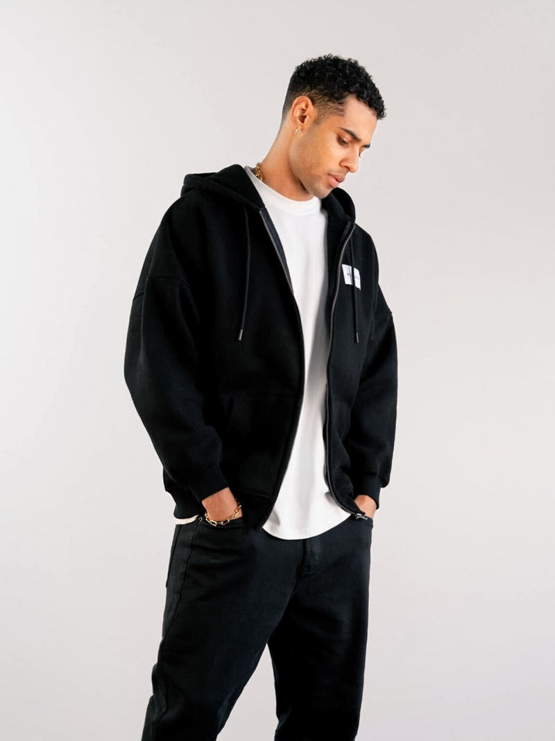 Label Relaxed Full Zip Hoodie - Black