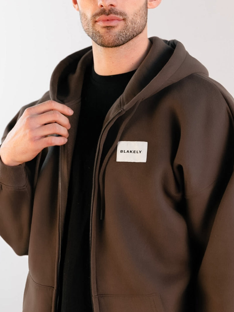 Label Relaxed Full Zip Hoodie - Slate Brown