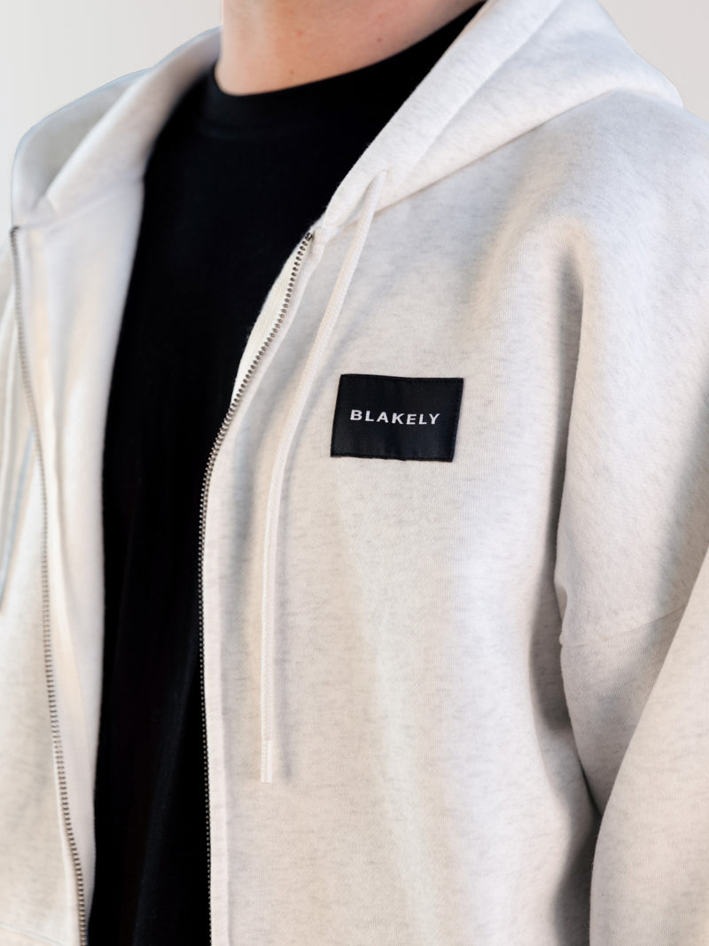 Label Relaxed Full Zip Hoodie - Marl White