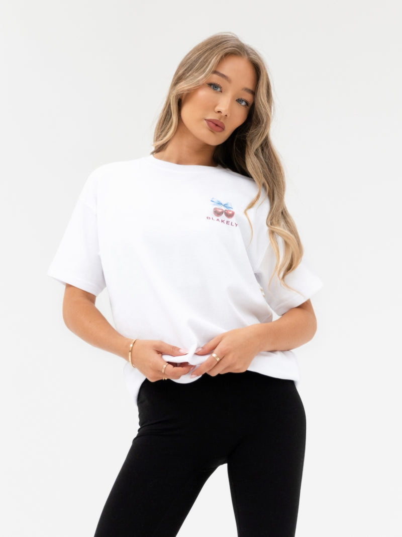 Charli Cherry Print Oversized T-Shirt - White