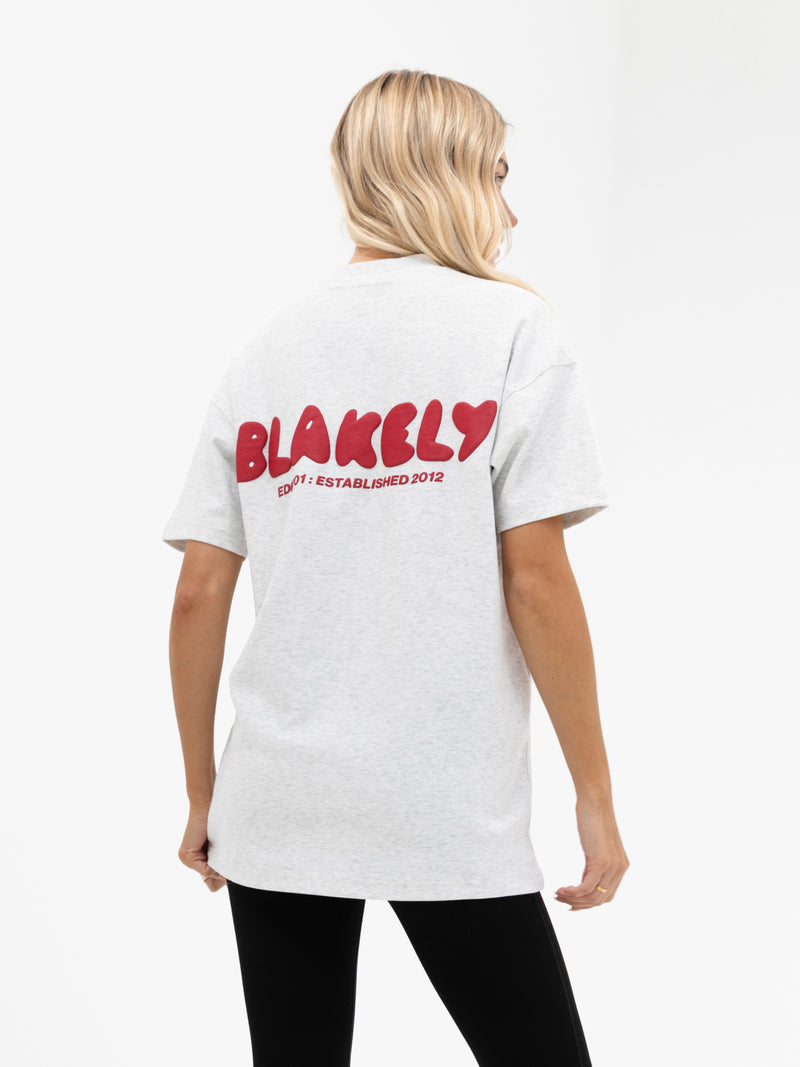 Cloud Print Oversized T-Shirt - Marl White & Cherry Red