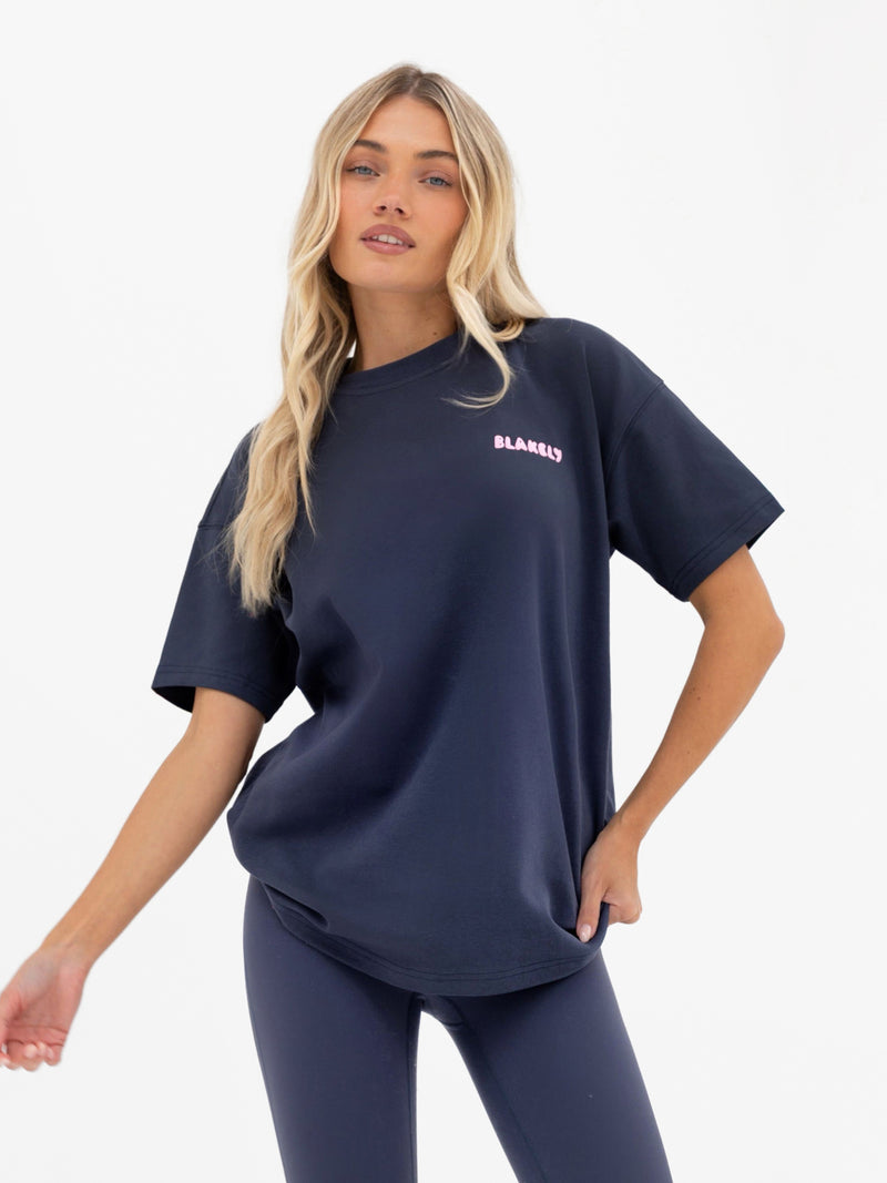 Cloud Print Oversized T-Shirt - True Navy & Powder Pink