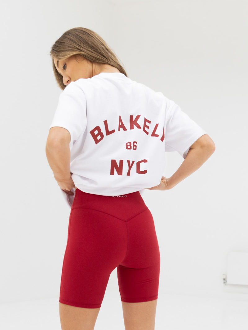 NYC Oversized T-Shirt & Active Shorts Set - Cherry Red & White