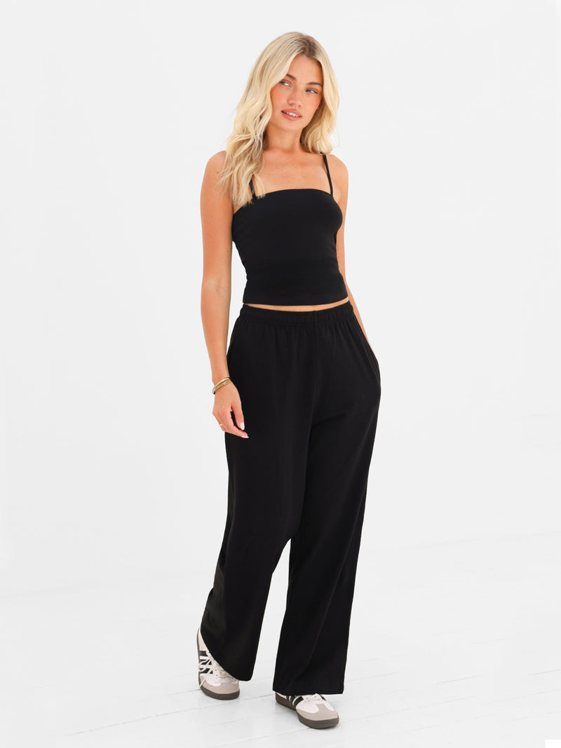 Ayla Cotton Wide Leg Trousers - Black