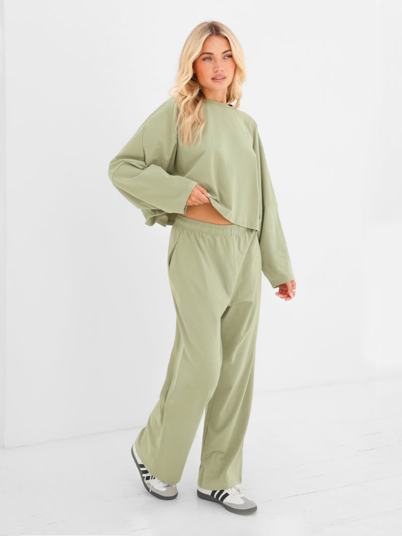Ayla Cotton Wide Leg Trousers - Warm Green
