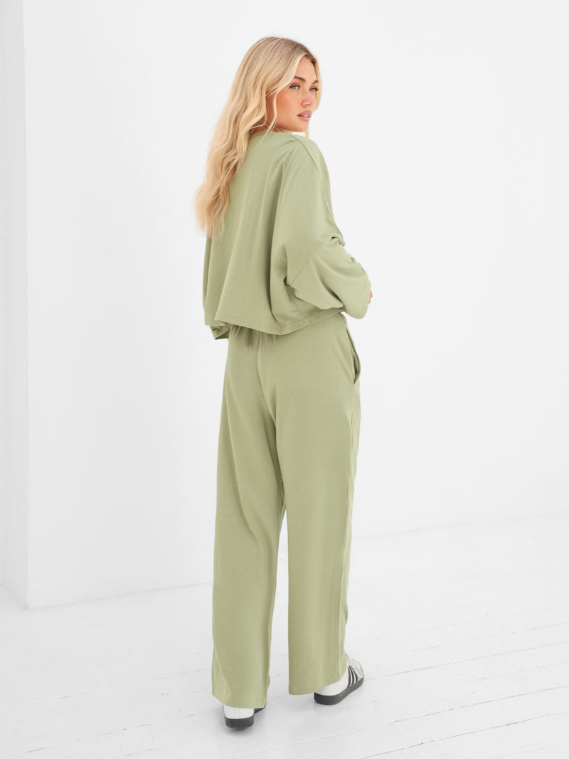 Ayla Cotton Wide Leg Trousers - Warm Green