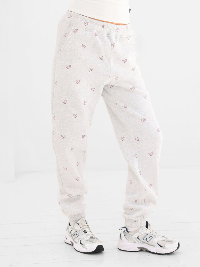 Rhea Heart Print Cuffed Sweatpants - Marl White