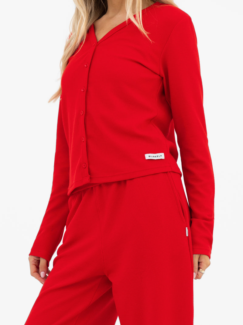 Soft Waffle Cardigan - Red