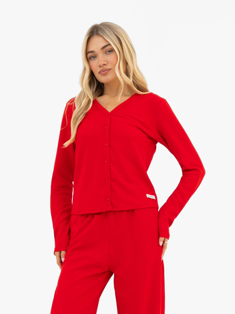 Soft Waffle Cardigan - Red