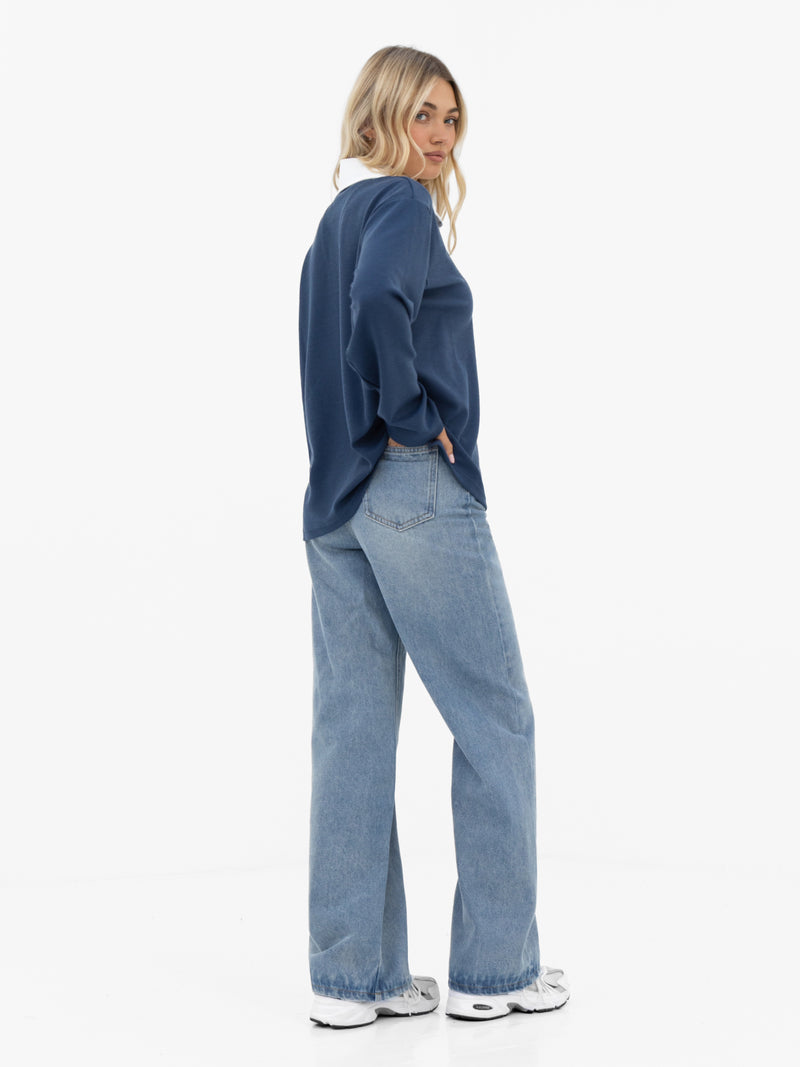 Soft Waffle Rugby Shirt - Blue