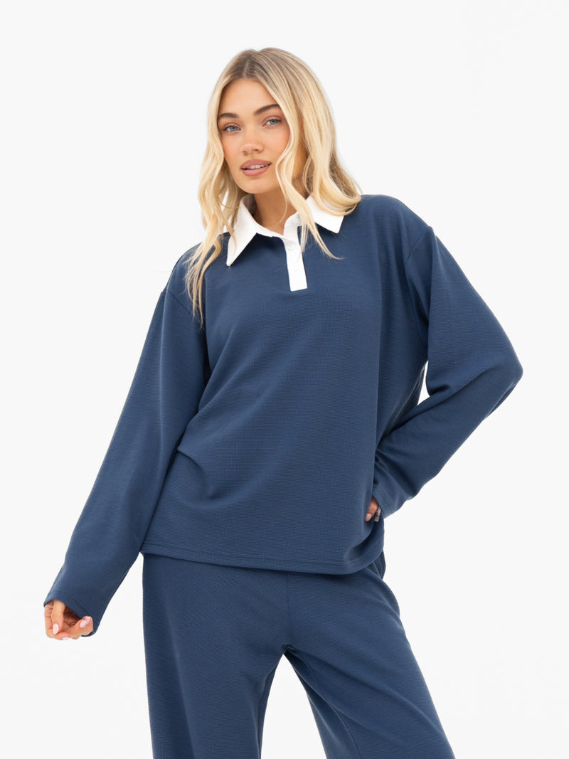 Soft Waffle Rugby Shirt - Blue