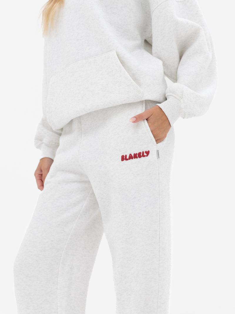 Cloud Print Wide Leg Sweatpants - Marl White & Cherry Red