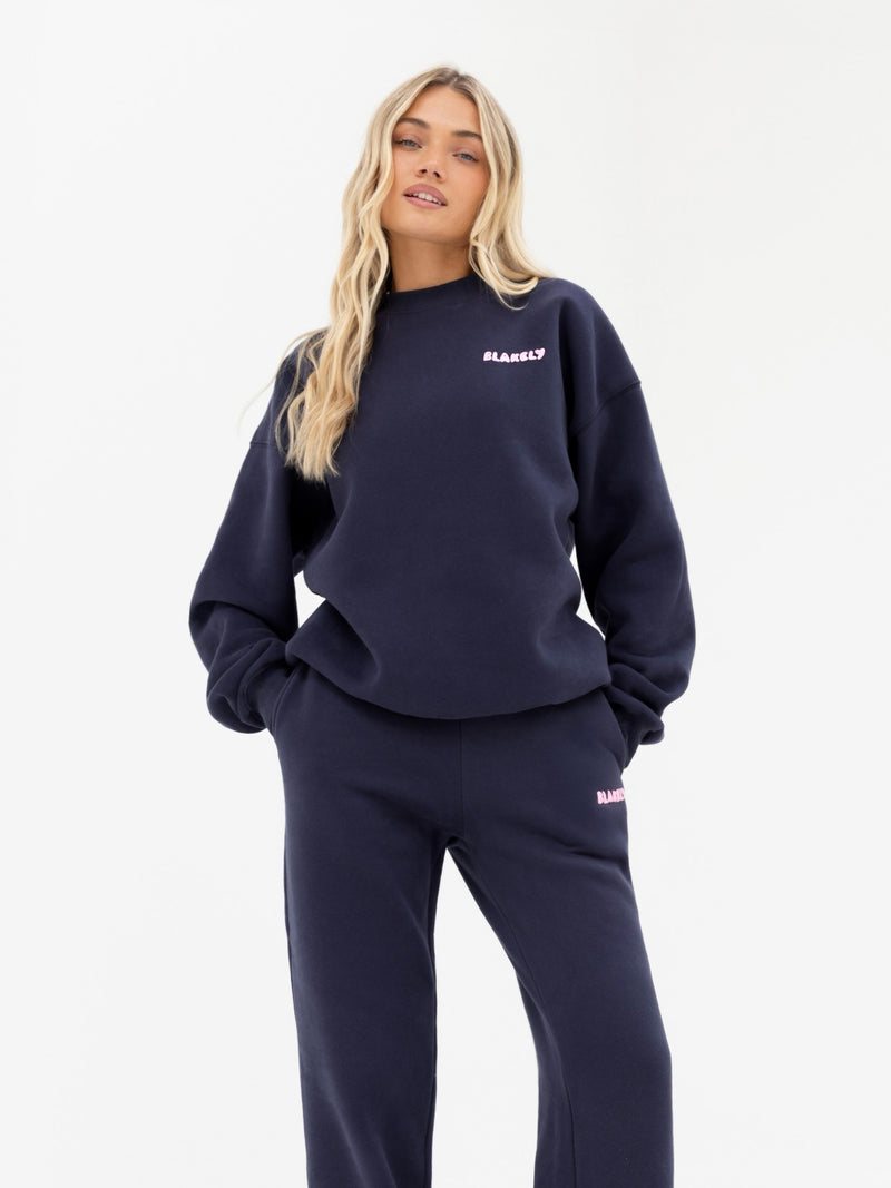 Cloud Print Wide Leg Sweatpants - True Navy & Powder Pink