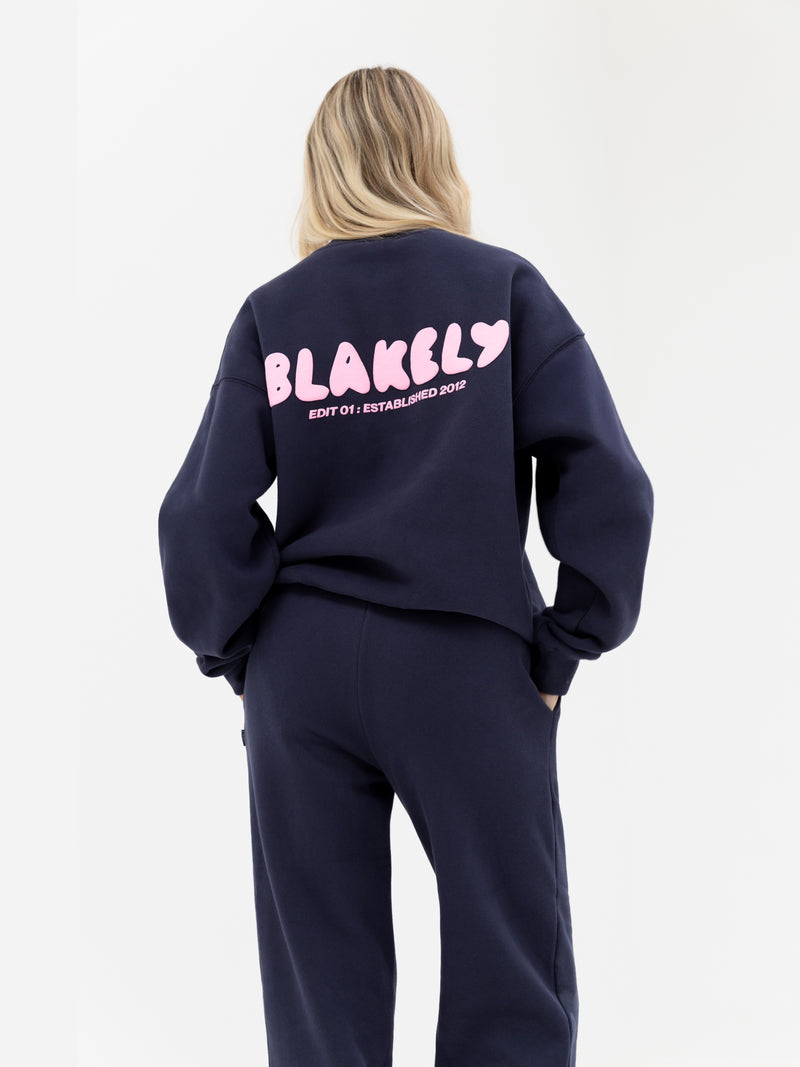 Cloud Print Wide Leg Sweatpants - True Navy & Powder Pink