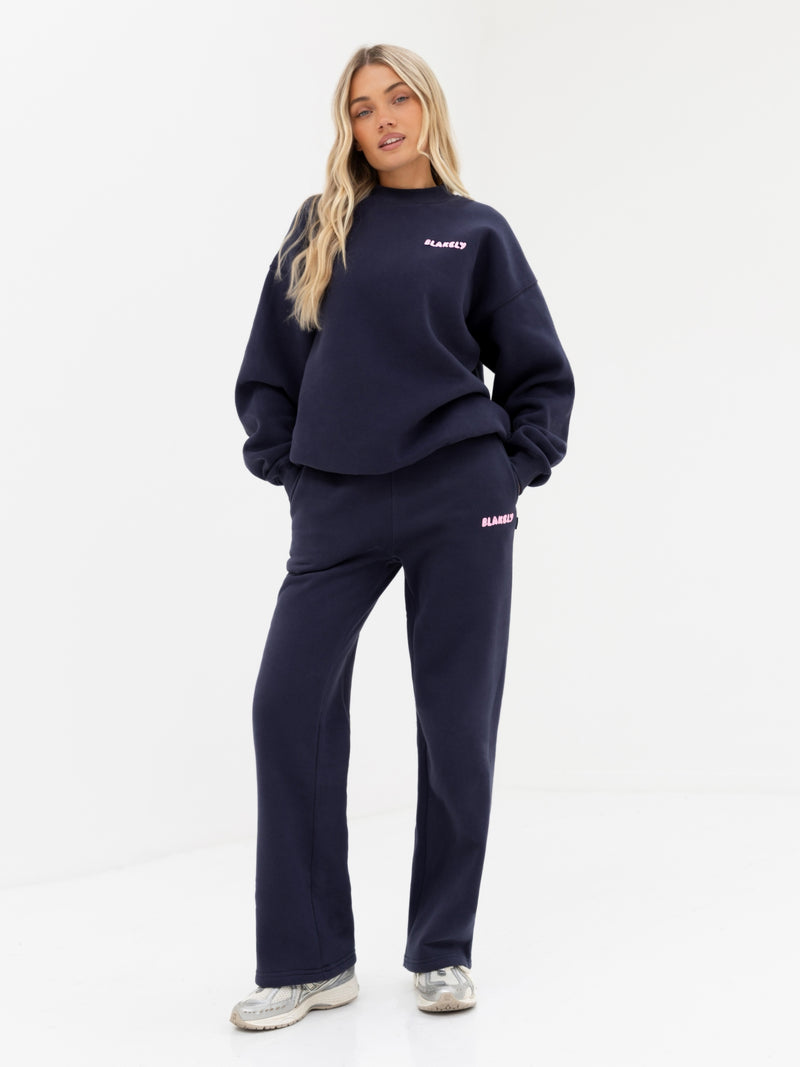 Cloud Print Wide Leg Sweatpants - True Navy & Powder Pink