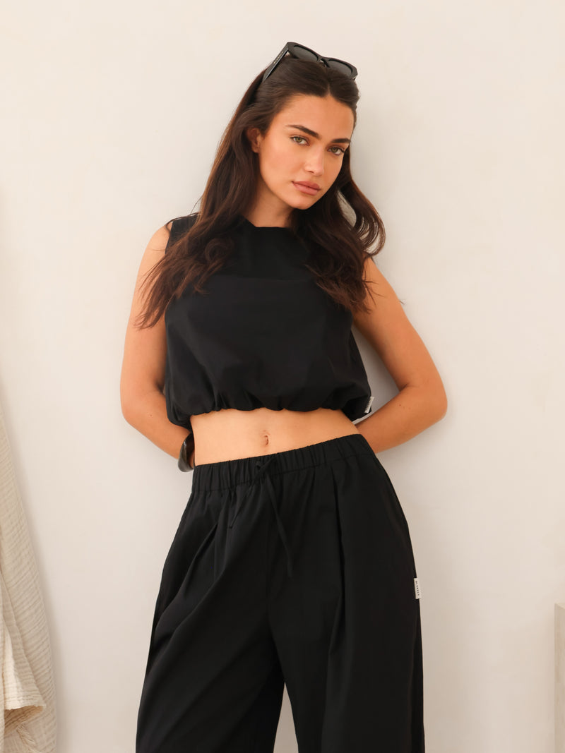Kaia Wide Leg Poplin Trousers - Black