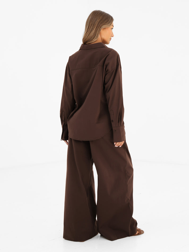 Kaia Wide Leg Poplin Trousers - Mocha Brown