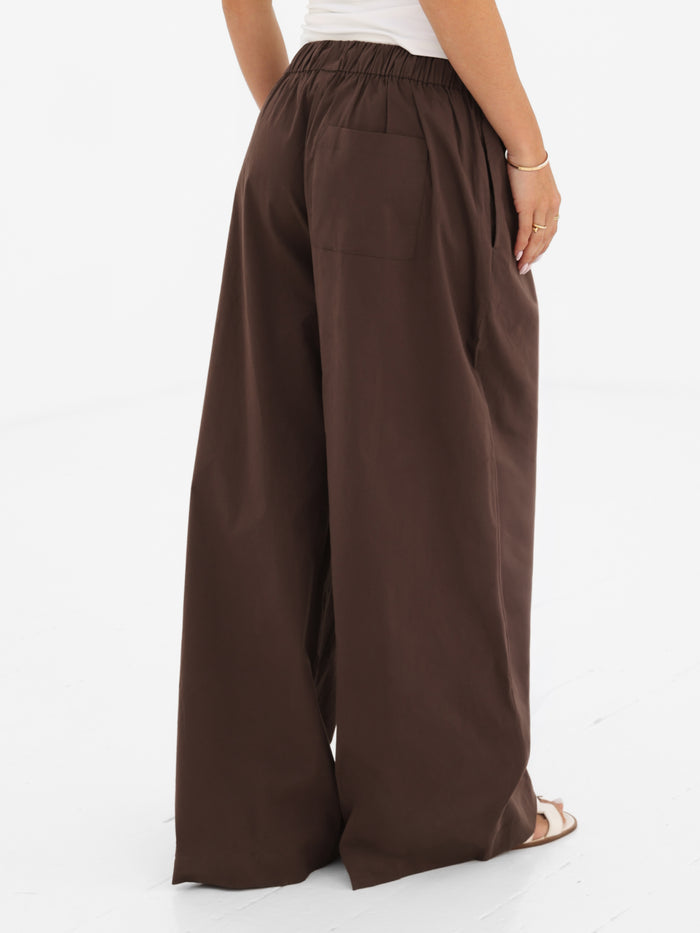 Kaia Wide Leg Poplin Trousers - Mocha Brown