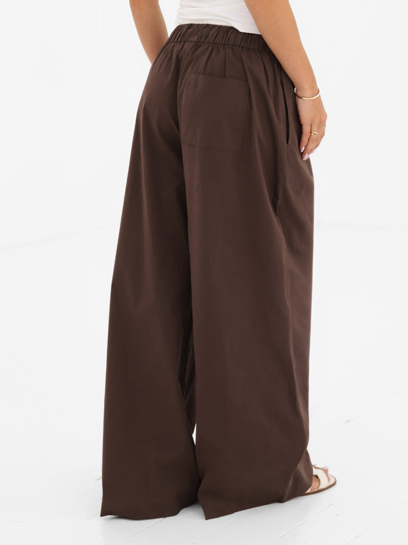 Kaia Wide Leg Poplin Trousers - Mocha Brown