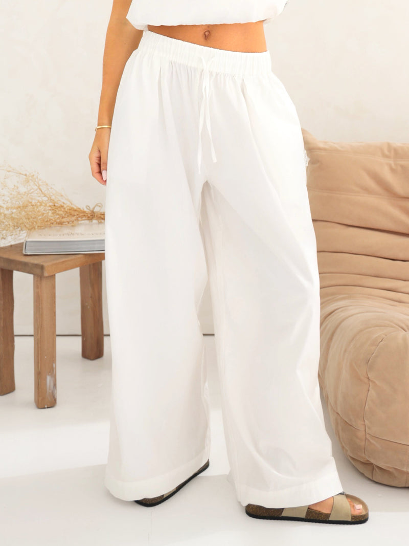 Kaia Wide Leg Poplin Trousers - White