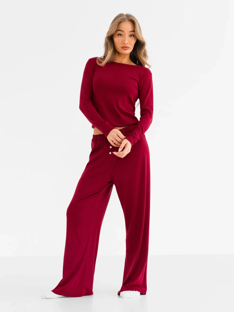 Rosie Pointelle Long Sleeve Top - Soft Burgundy