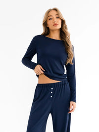 Rosie Pointelle Long Sleeve Top - Light Navy