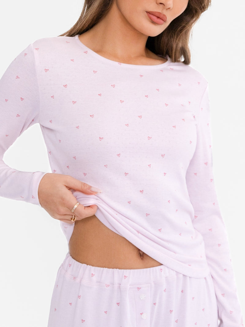 Avery Pointelle Long Sleeve Top - Heart Print