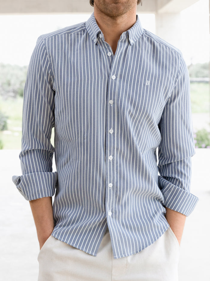 Oskar Stripe Long Sleeve Shirt - Navy