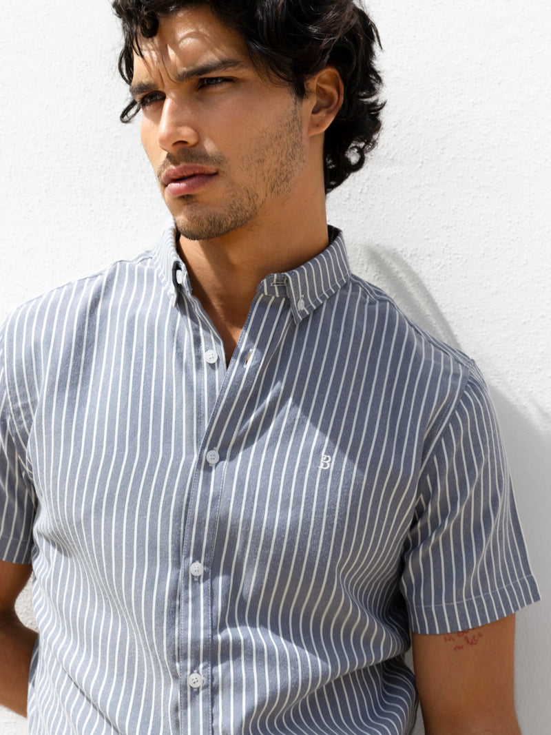 Oskar Short Sleeve Stripe Shirt - Navy