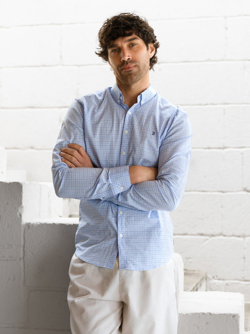 Conrad Long Sleeve Checked Shirt - Light Blue