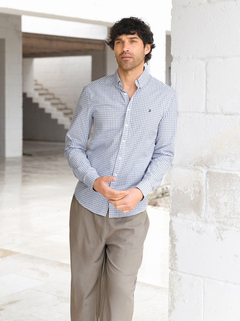 Conrad Long Sleeve Checked Shirt - White & Blue