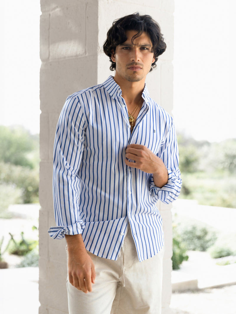 Elias Long Sleeve Stripe Shirt - White & Blue