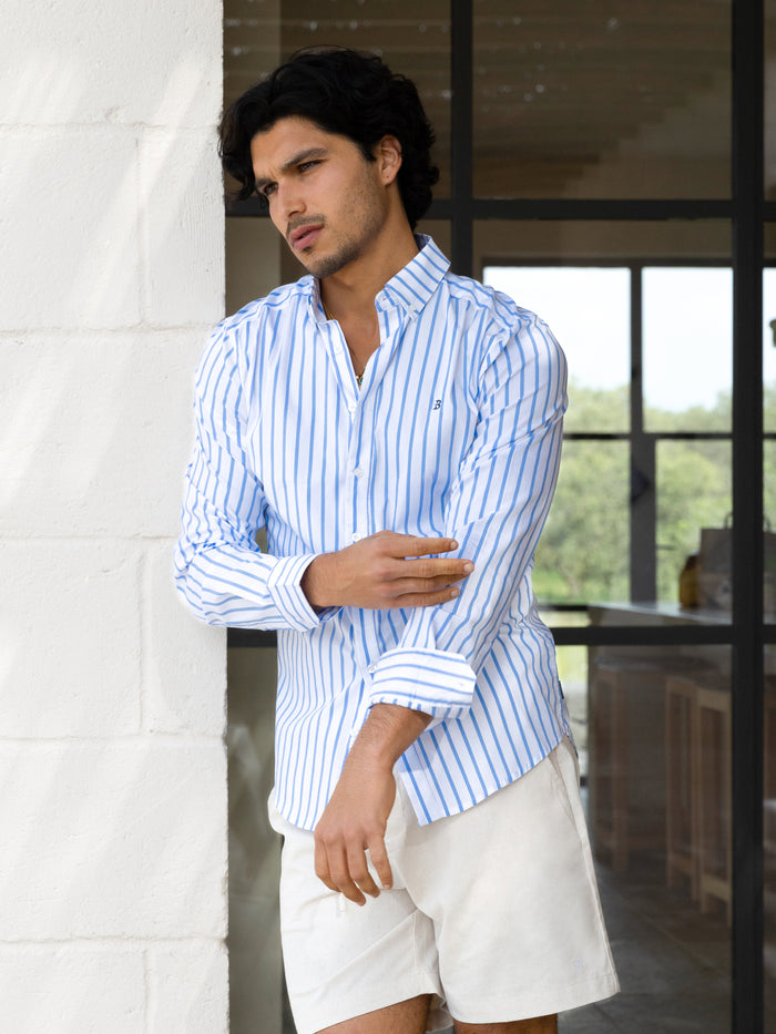 Elias Long Sleeve Stripe Shirt - White & Light Blue
