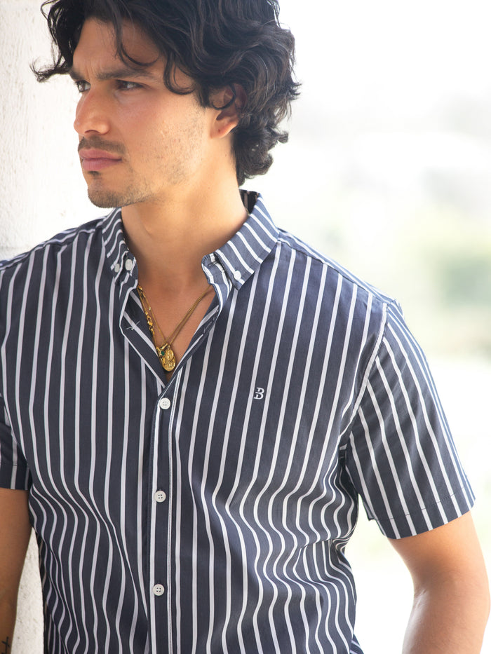 Elias Short Sleeve Stripe Shirt - Navy